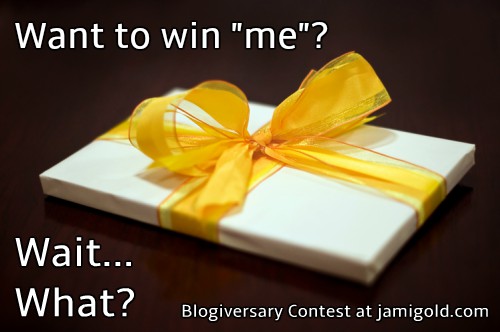 Gift box with text "Want to win 'me'? Wait... What?"