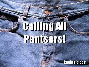 Close up of blue jeans with text: Calling All Pantsers