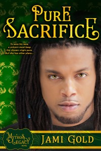 Pure Sacrifice Book Cover: Sexy dreadlocked black man with striking gold eyes, one blue bead in hair, and a goatee stares at viewer against green background of rearing unicorn and rose outline graphics