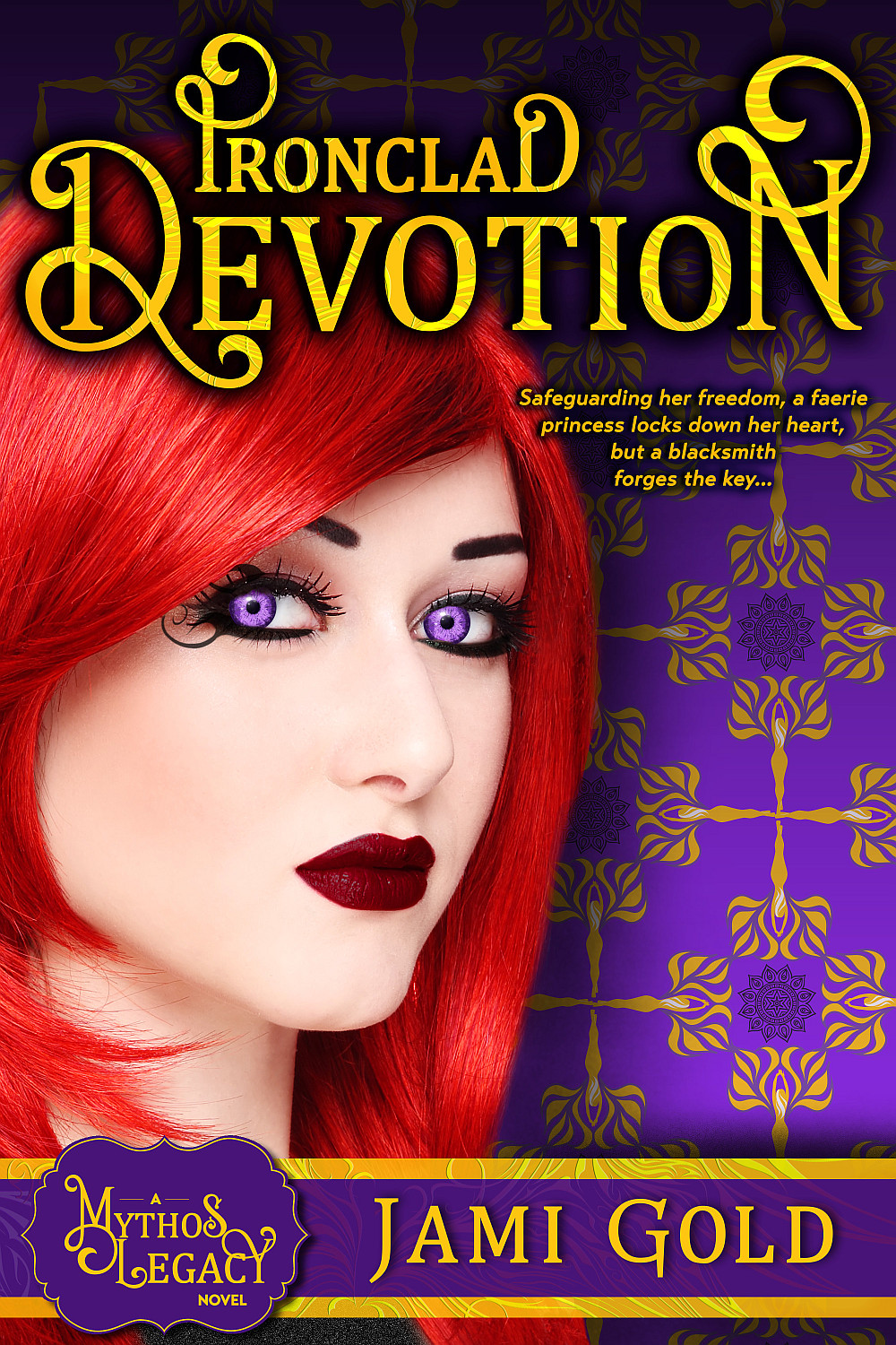 Ironclad Devotion cover: Beautiful vivid-red-haired white woman with striking bright violet eyes, dark red lips, and black swirling lines at her temple stares at viewer against purple background of faerie with wing-like flames and mandala graphics