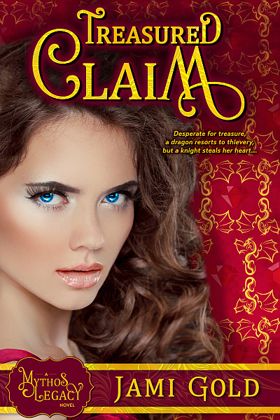 Treasured Claim Book Cover: Beautiful dark-haired white woman with striking bright blue eyes and near-luminescent skin stares at viewer against red background of dragon outline and ruby gemstone graphics