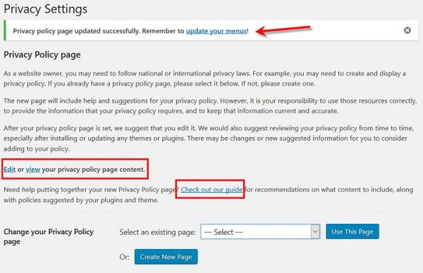 Select current page or new page for privacy policy