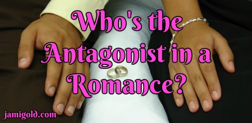 Wedding rings between couple separated on couch with text: Who's the Antagonist in a Romance?