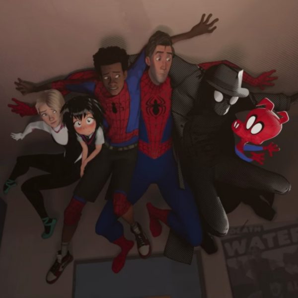 Six Spider-characters clinging to ceiling