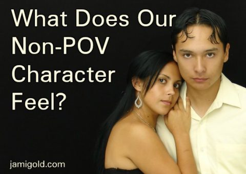 Latinx couple embracing with unclear expressions with text: What Does Our Non-POV Character Feel?