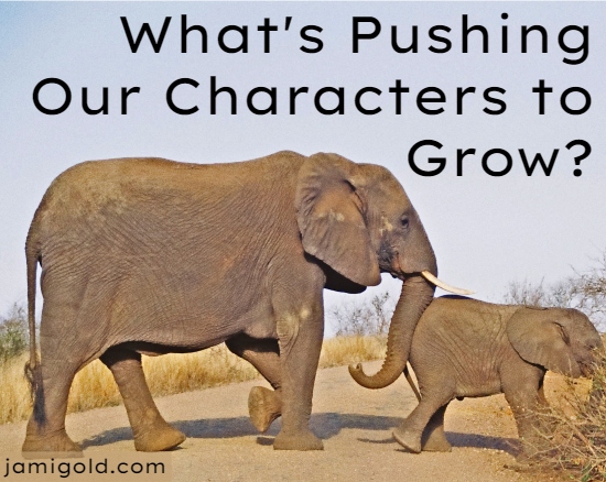 Adult elephant shoving a baby elephant across a dirt road with text: What's Pushing Our Characters to Grow?