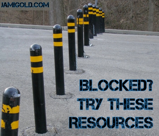 Pylons blocking a road with text: Blocked? Try These Resources