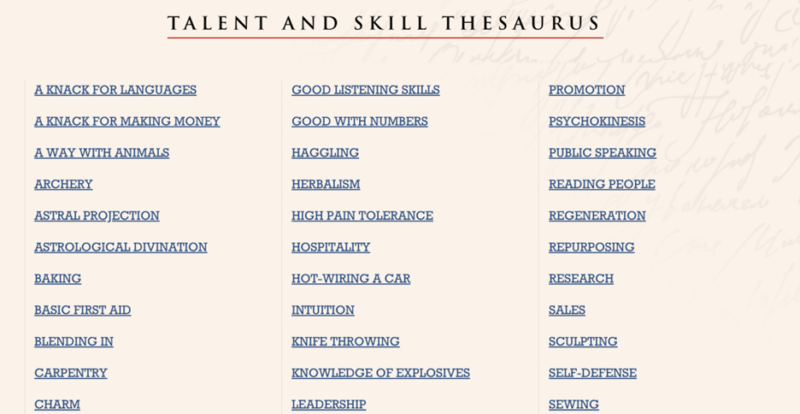 Screenshot of the Talent and Skill Thesaurus section of the One Stop for Writers website -- screenshot shows a portion of the links to the many individual talents and skills available in greater detail in that Thesaurus on the site